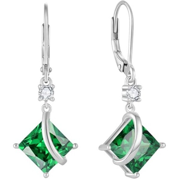 Emerald Princess Cut Kite Set Ring | LUO Square Solitaire Princess Cut Drop Dangle 925 Sterling Silver 05 May - Emerald